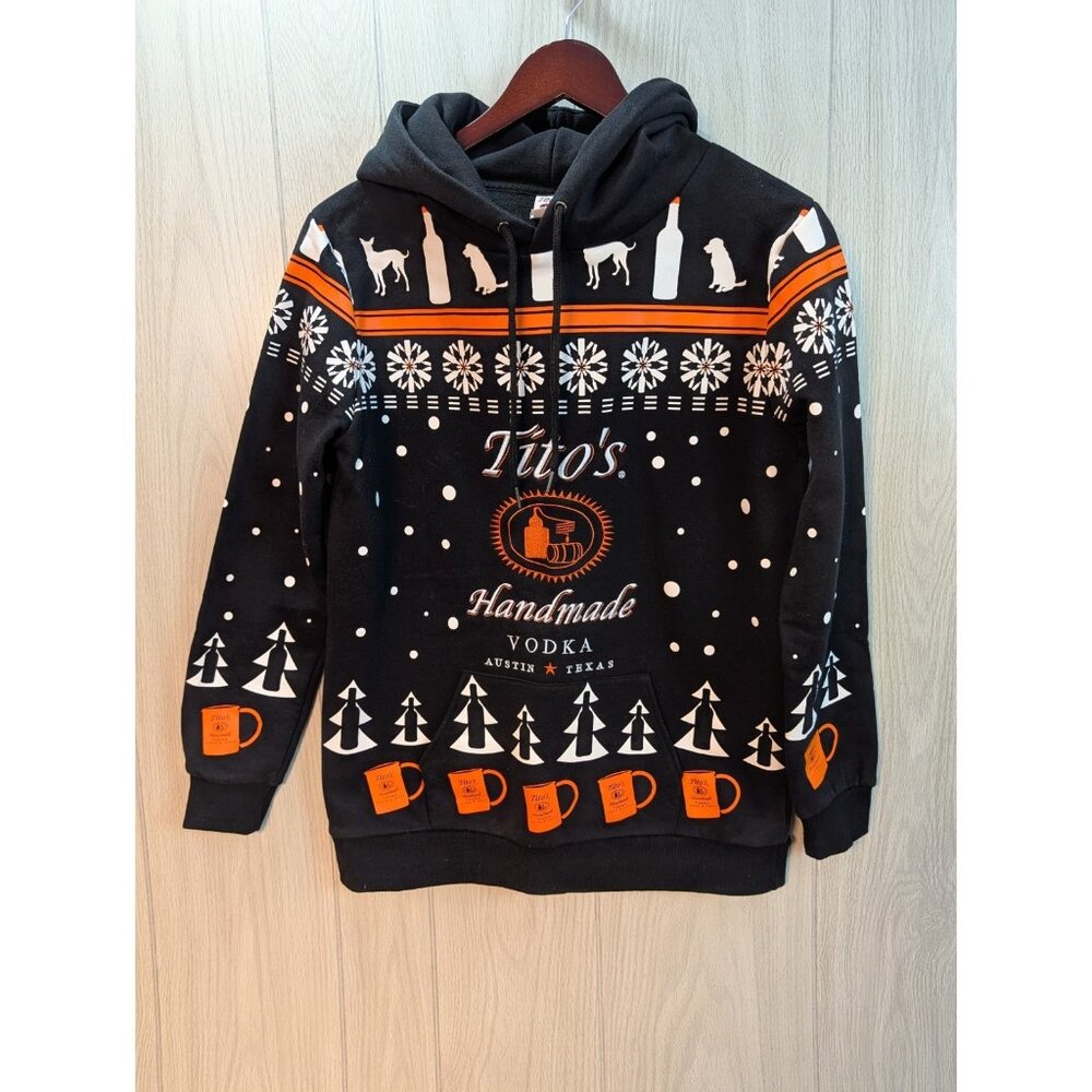 Tito’s Handmade Vodka Hoodie Men’s Medium Black Embroidered Christmas Sweatshirt